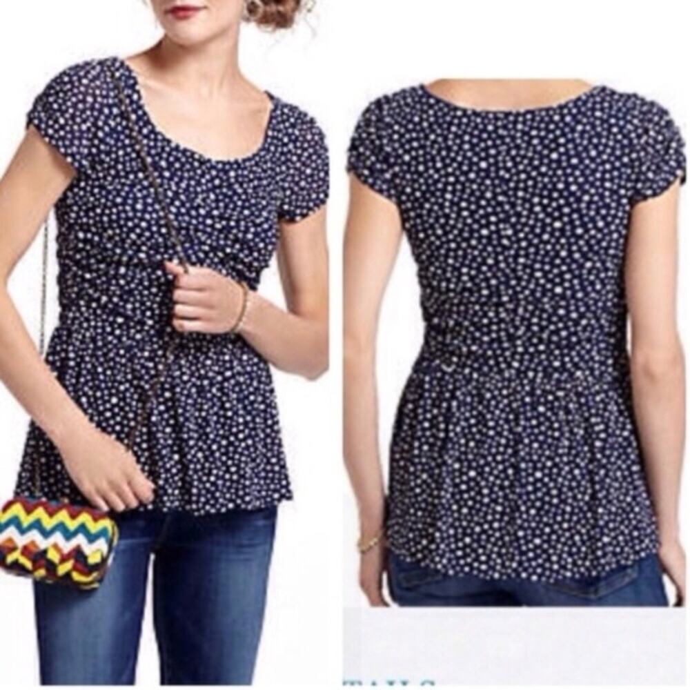 Anthropologie Postmark Navy/Cream Polka Dotted Ruched Blouse